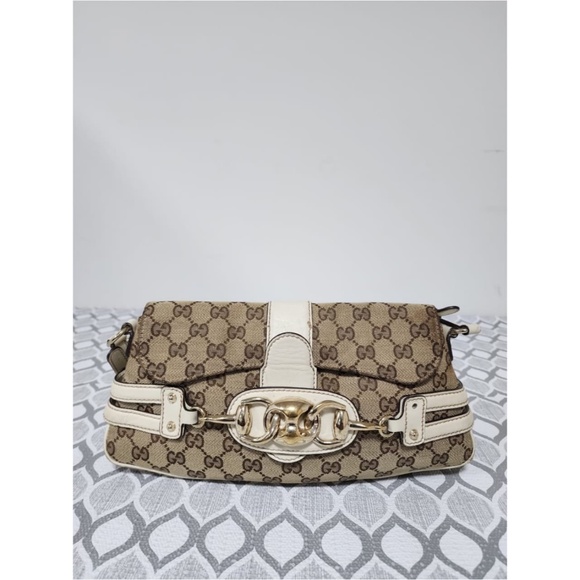 Authentic Gucci Horsebit Chain Flap Shoulder Bag Brown/Beige/Cream - Picture 13 of 15